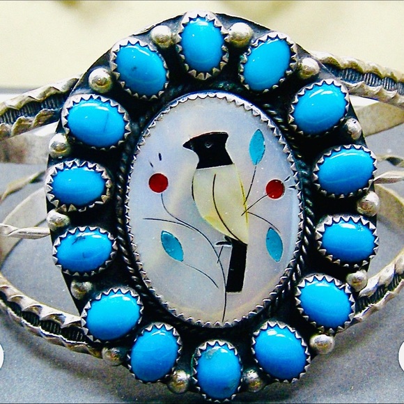 2XHP💕Vintage Navajo Turquoise MOP Inlay .925 Cuff - Picture 3 of 7